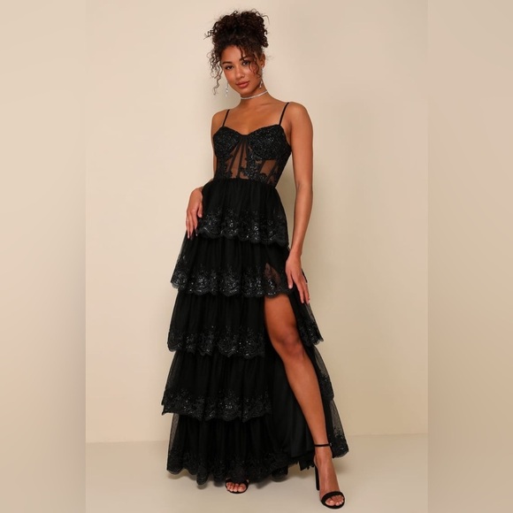 LULU’S Alluring Sensation Black Tulle Embroidered Tiered Maxi Dress - Picture 2 of 5